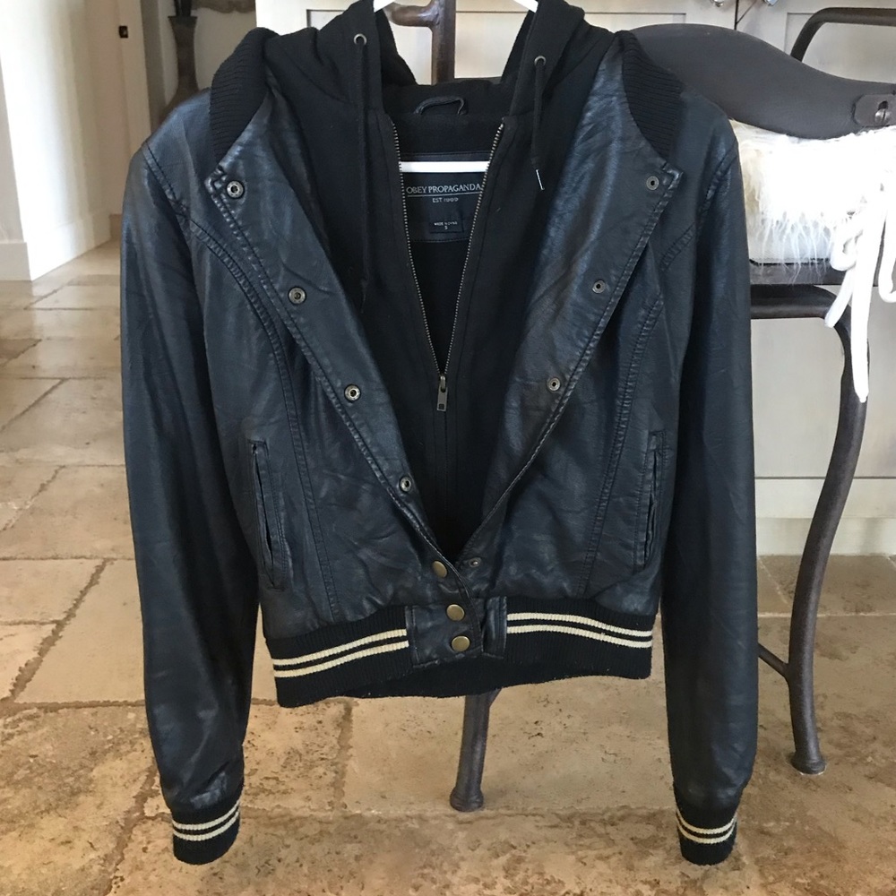 Obey Propoganda Hooded Faux Leather Jacket